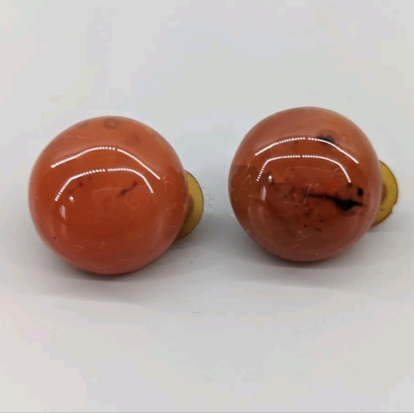Vintage Jewelry - VTG Orange Amber Glass Marbled cabochon Button clip on earrings 1950s